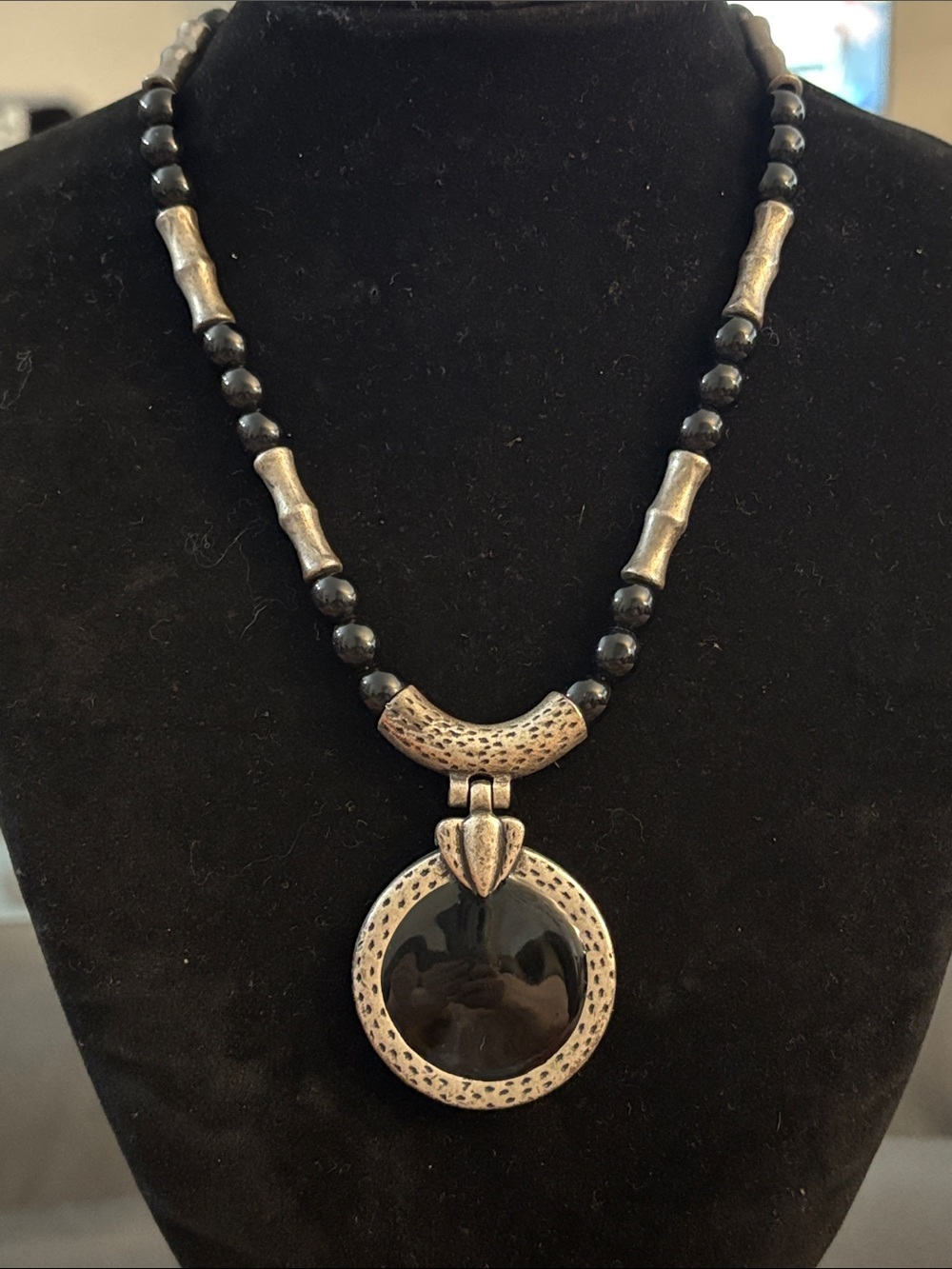 Chico's Black and Silver Beaded Pendant Necklace